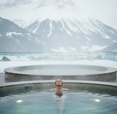 Close-up of a guest relaxing in the thermal waters of the futuristic levitating basins at Aqua Dome,