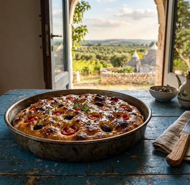 Golden Focaccia Barese with tomatoes and olives in a metal pan on a rustic blue table in Puglia