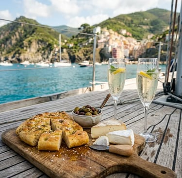  Ligurian focaccia, cheese, olives, and prosecco served on a boat deck with Cinque Terre village behind