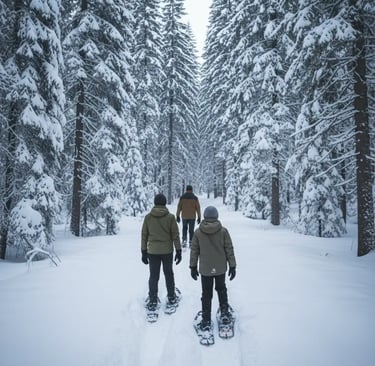 Family snowshoeing together on a quiet winter trail.