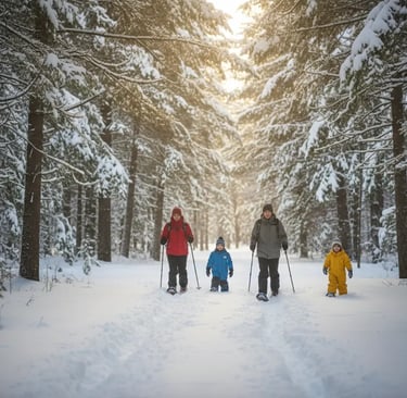 A family with children walking through a serene, snow-covered evergreen forest trail during a winter