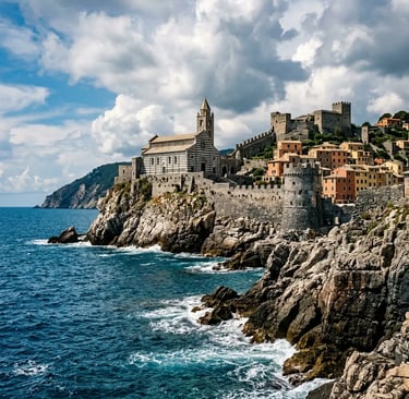 Portovenere fortified church and castle on rocky coastline seen from Mediterranean Sea