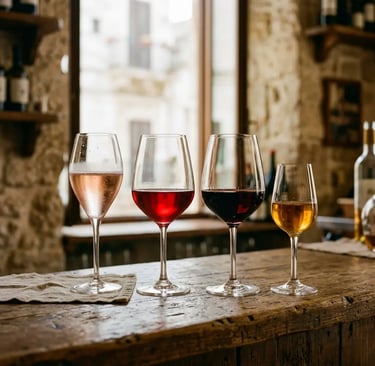 Four wine glasses showing the Primitivo tasting stages from Brut Rosé to Dolce Naturale
