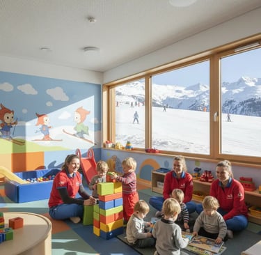 Toddlers playing with building blocks in a modern kids' club with panoramic views of the snowy Alps 