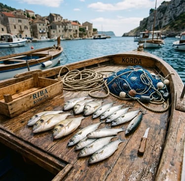 Sea bream and mackerel catch on wooden boat deck with fishing nets, Croatian harbour behind