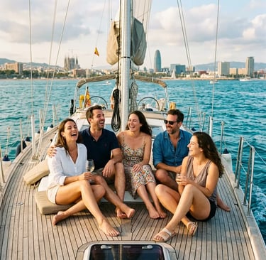 Group of friends laughing on a private yacht deck with Barcelona skyline behind