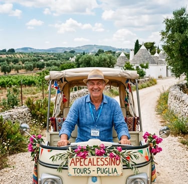 Smiling local guide in Ape Calessino decorated with flowers in Puglia countryside