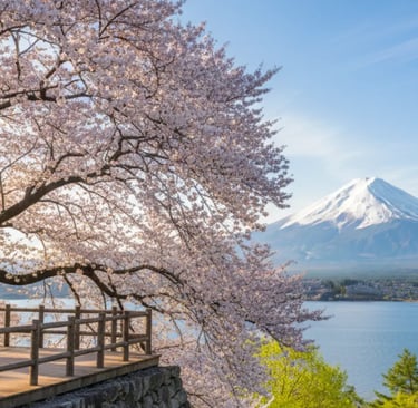 Scenic view of Mt. Fuji framed by pink cherry blossoms and a wooden deck at Lake Kawaguchiko in spri