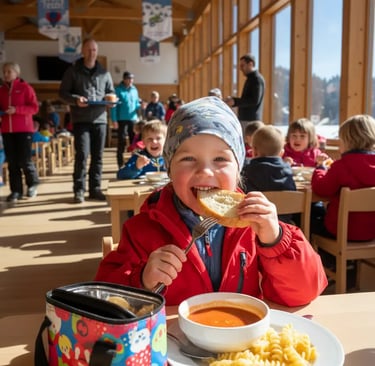 A happy young boy enjoying a warm meal in a mountain restaurant with large windows overlooking the s