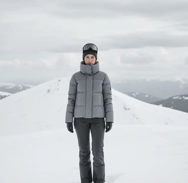 A professional gray monochrome ski outfit featuring a quilted puffer jacket, matching charcoal trous
