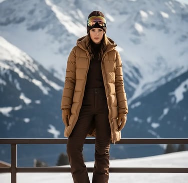 A woman posing against a dramatic mountain backdrop wearing a long camel puffer coat, dark brown bas