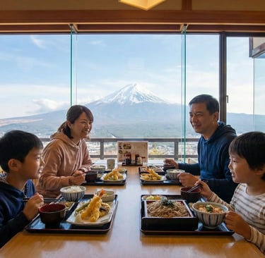 Family enjoying a traditional Japanese lunch with tempura and soba noodles at a restaurant with a pa
