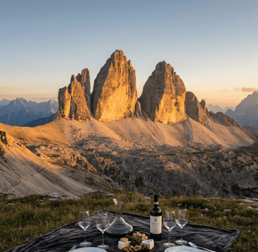 Elegant picnic setup with wine and cheese facing Tre Cime di Lavaredo at golden sunset