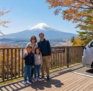 Family standing on a wooden observation deck with cherry blossoms and a parked private tour van, ove