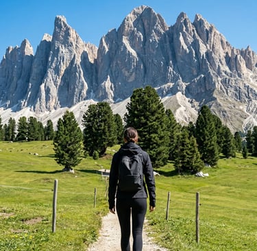 Woman with backpack walking gravel path toward towering Dolomites peaks blue sky