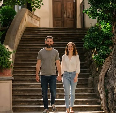 Couple walking hand in hand down sunlit cobblestone stairs in Mikulov old town