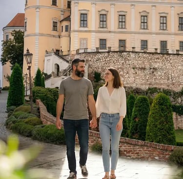Couple strolling hand in hand through Mikulov Castle gardens with castle walls behind
