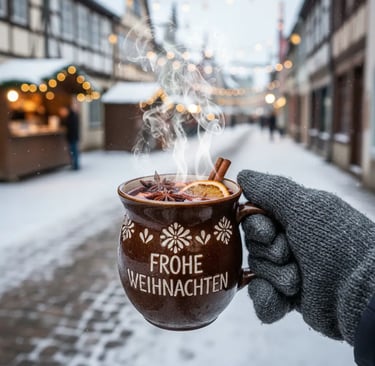 A hand in a grey glove holds a ceramic mug with "Frohe Weihnachten" (Merry Christmas) written on it,