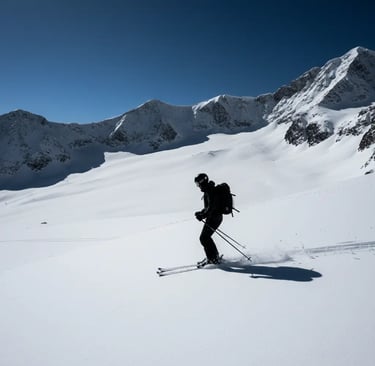 A person skiing down a pristine, sun-drenched mountain slope, showcasing the world-class experience 