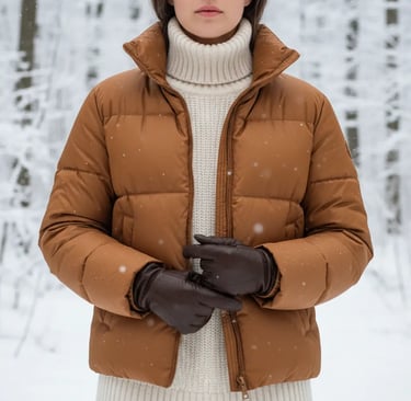 Close-up of a sophisticated winter outfit featuring a warm camel-colored puffer jacket over a cream 
