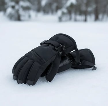 Waterproof insulated black women's ski gloves on white snow.