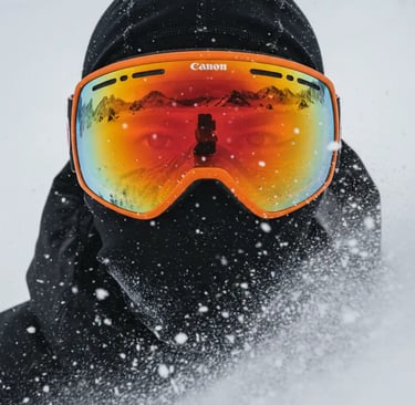 A close-up of a dog sled driver (musher) wearing a black balaclava and orange reflective goggles, wi