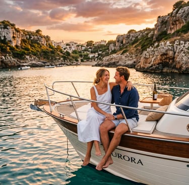Couple sitting on the bow of a wooden boat at sunset in a secluded limestone cove in Puglia