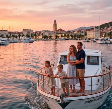 Family on private speedboat returning to Split harbor at sunset after Brač Adriatic tour