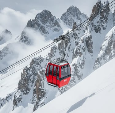 A view from inside a gondola cabin ascending a snowy mountain slope, with a wide vista of the surrou