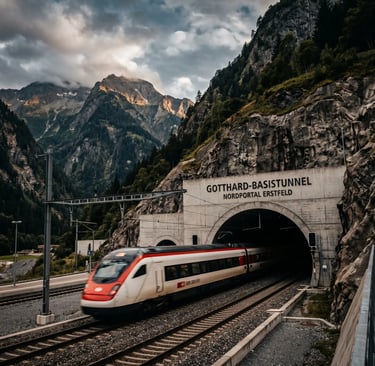 Swiss SBB train entering Gotthard Base Tunnel portal beneath dramatic alpine peaks