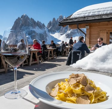 Gourmet truffle pasta served on a sunny outdoor terrace at a luxury mountain hut in Val Gardena, Ita