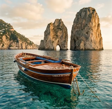 Traditional Caprese gozzo boat anchored in turquoise water beside the Faraglioni rocks at sunset.