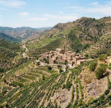 Aerial view of Gratallops village surrounded by terraced vineyards in Priorat