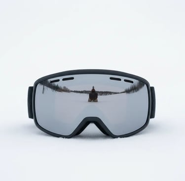 Minimalist black ski goggles as part of a monochromatic ski outfit.