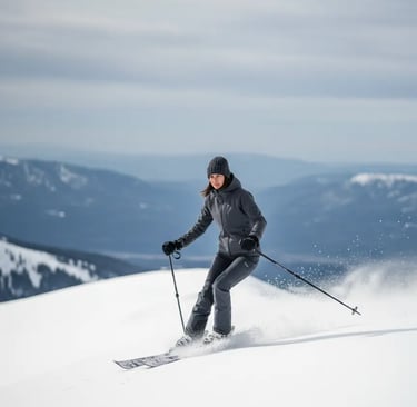 Skier carving down a snowy slope wearing a dark gray monochromatic ski outfit.