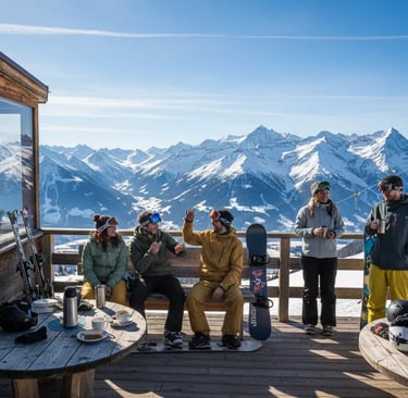 Group of five skiers and snowboarders relaxing on a wooden deck outside a cabin on a sunny mountain 