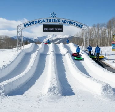 People sliding down groomed snow tubing lanes under a "Snowmass Tubing Adventure" sign with a mounta