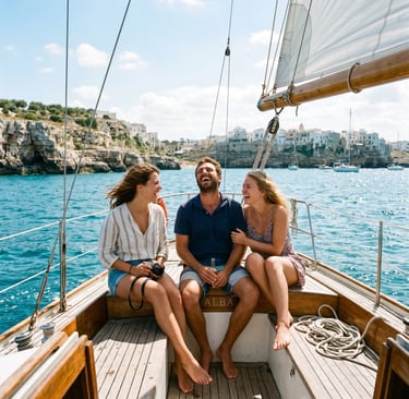 Three friends laughing on sailboat deck with Polignano a Mare cliffs behind, Puglia coast