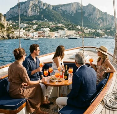 Small group enjoying aperitivo on a boat deck with Capri in background