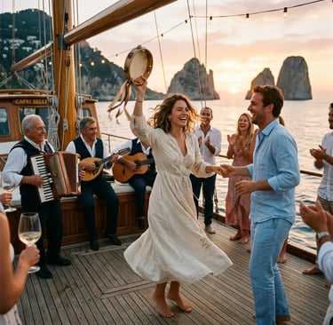 Guests dancing original Tarantella with tambourine on Capri yacht deck at sunset with musicians