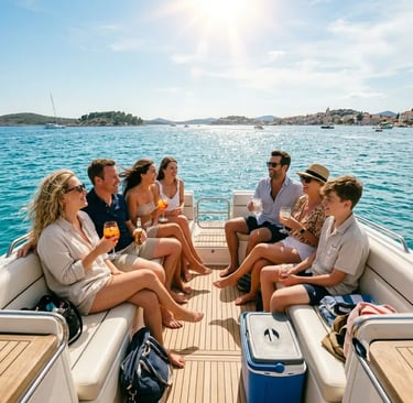 Guests laughing with drinks aboard Magnific Raptor during Blue Lagoon boat tour