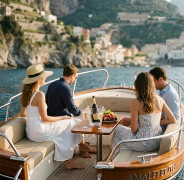 Guests relaxing with prosecco on a luxury tender along the Amalfi Coast