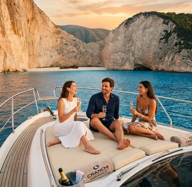 Three guests enjoying champagne on Cranchi Endurance yacht bow near Shipwreck Beach sunset