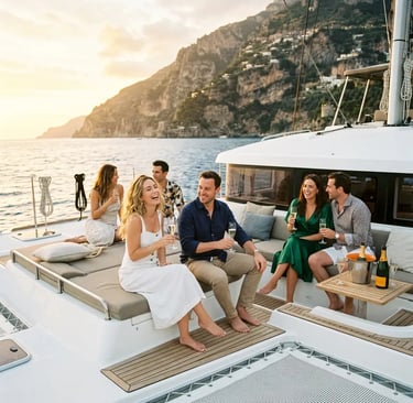 Guests enjoying champagne on Prestige M48 catamaran deck with Amalfi Coast sunset views