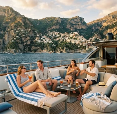 Guests enjoying drinks on a luxury yacht sundeck with Amalfi Coast village in the background