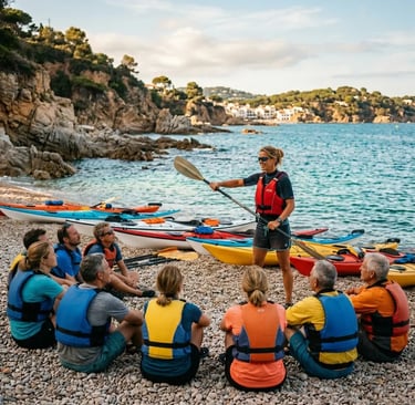 Certified sea kayak instructor demonstrating paddle technique to small group