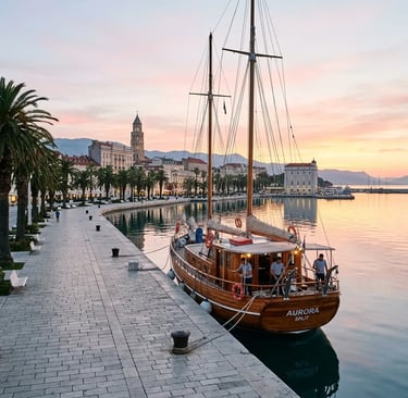 Traditional wooden gulet docked at Split waterfront promenade Riva at golden sunrise