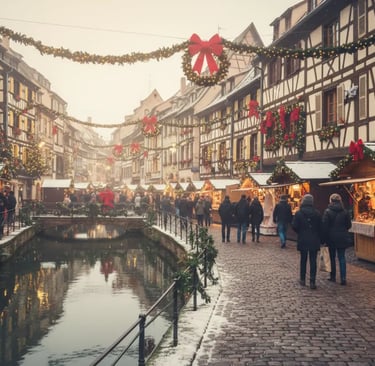 A picturesque European street scene in winter, with people walking along a canal or waterway between