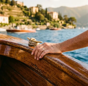 Hand resting on warm wooden gunwale of private boat on Lake Como at golden hour