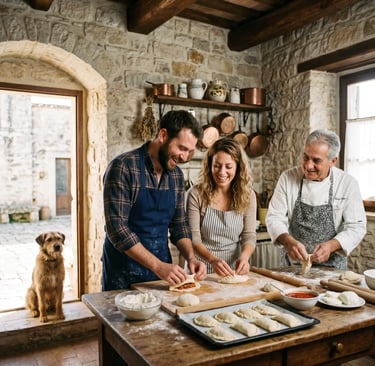 Pet-friendly Puglia cooking class with couple making panzerotti and dog in masseria kitchen